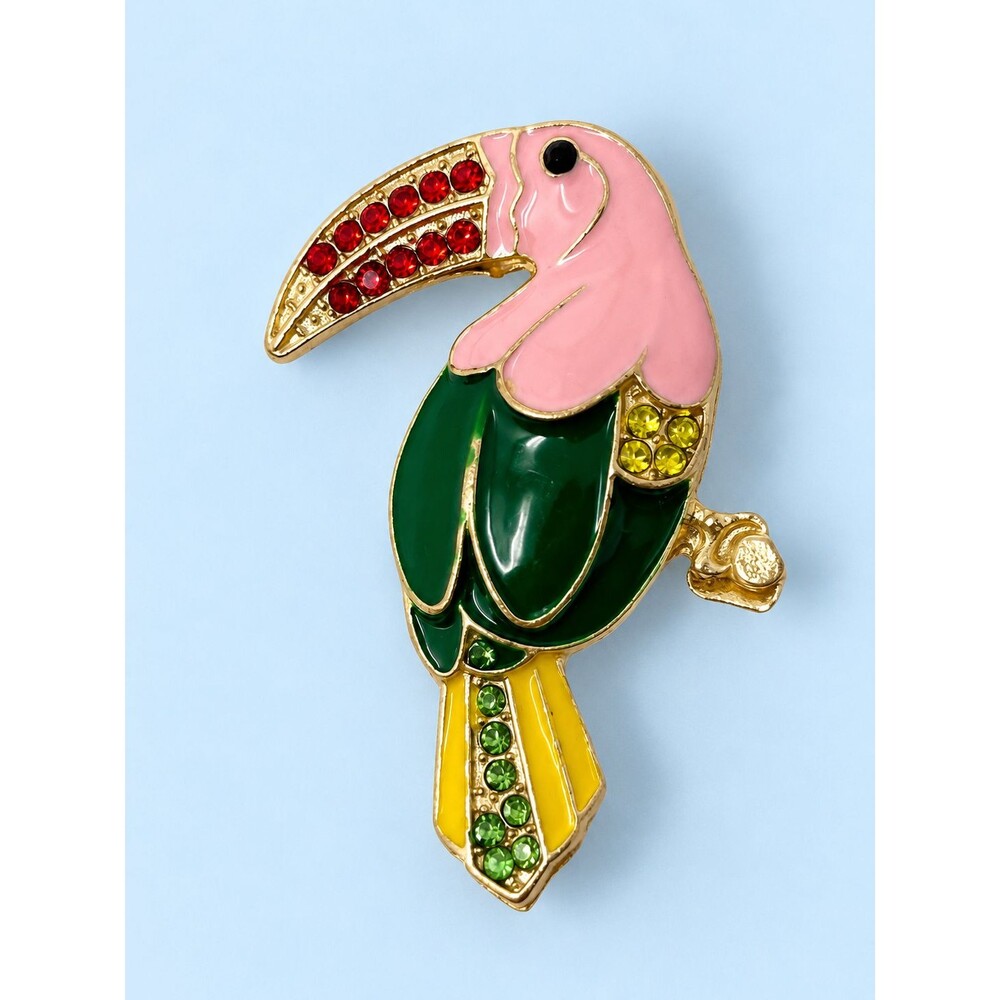 Toucan Bird Brooch Pin Gold Tone Enamel Rhinestone Colorful Tropical
